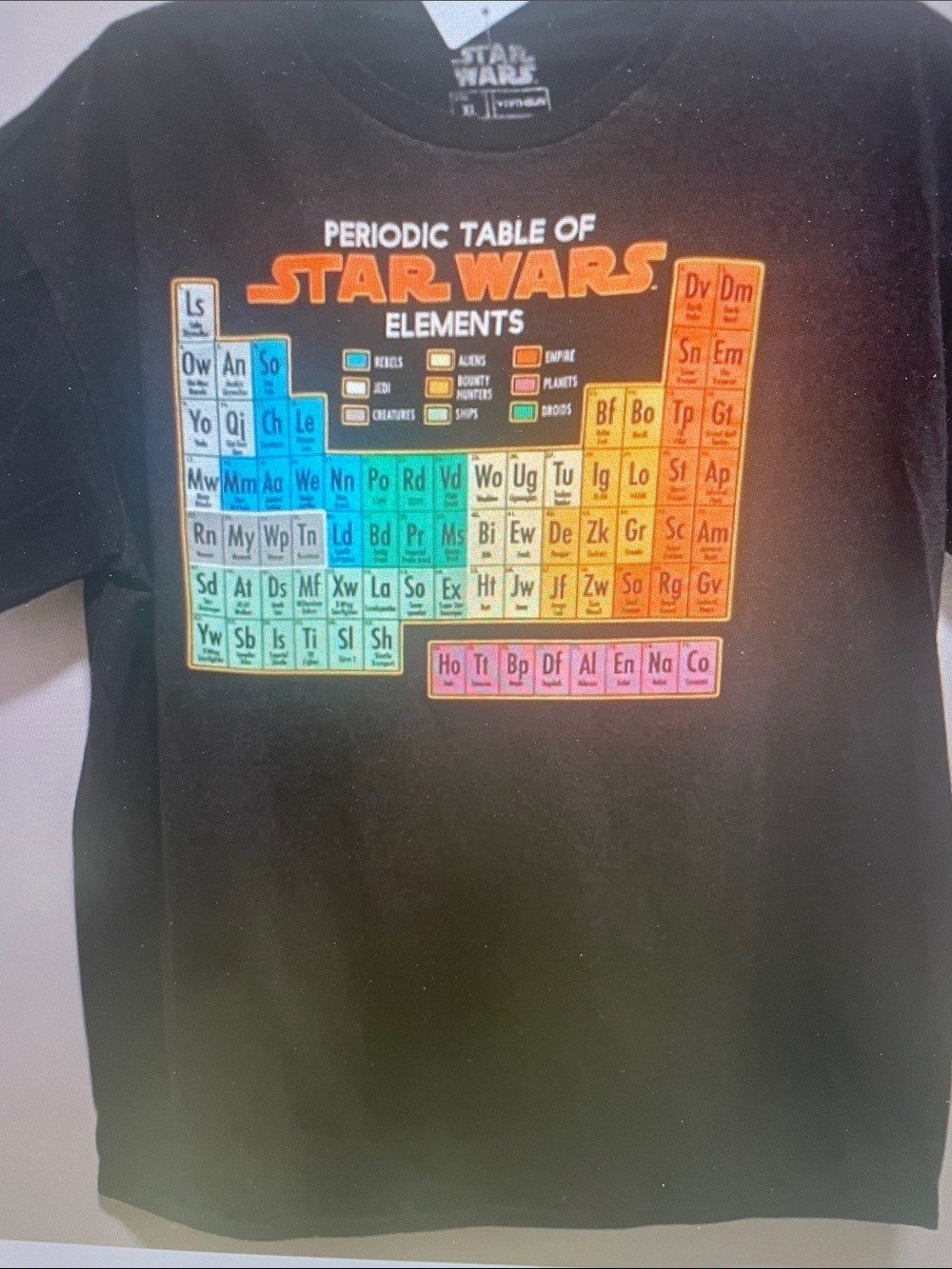 Star Wars Black Tee with Colorful Periodic Table Graphic